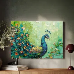 Art Street Green Canvas Abstract Palette Knife of Peacock Stretched Wall Art-picture-3