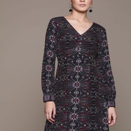 Label Ritu Kumar Black & Orange Abstract Print Crepe Smocked Empire Dress with Tie-Ups-picture-24