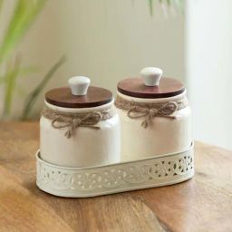 ExclusiveLane Off-White & Brown Ceramic Vintage Ivory Air-Tight Container Set with Iron Tray-image-30