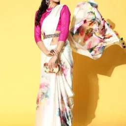 Blissta Cream Printed Saree With Unstitched Blouse image 3
