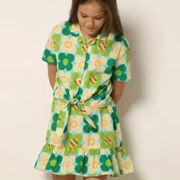 VERO MODA GIRL Green & Cream Cotton Floral Print Shirt-image-35