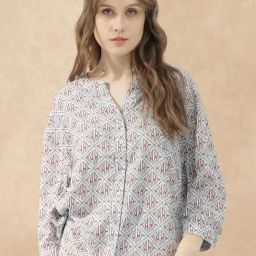 RAREISM Blue Viscose Printed Three-Quarter Sleeves Top-image-61