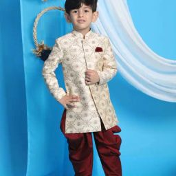 VASTRAMAY Boys Beige & Maroon Self Full Sleeves Indowestern Sets-image-24