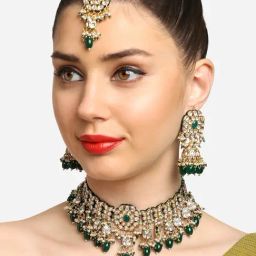 Zaveri Pearls Green Kundan Artificial Stones & Beads Choker Necklace Set-ZPFK16937-1