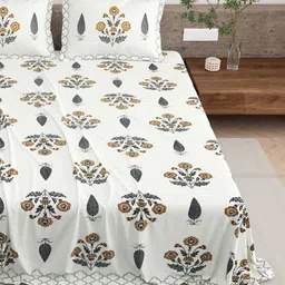 BELLA CASA Mustard & Off White Printed 210 TC Cotton King Bedsheet Set 2.20 m x 2.74 m-9
