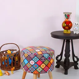 Shadowkart Blue & Pink Printed Wooden Round Shaped Ottomans-picture-9