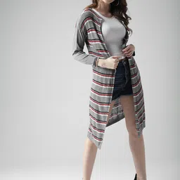 Style Quotient by noi Grey & Red Striped Open Front Shrug-19