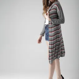 Style Quotient by noi Grey & Red Striped Open Front Shrug image 2