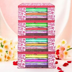 Kuber Industries Pink & White 4 Pieces Floral Printed Foldable Drawer Organisers-6
