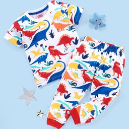 Babyhug Cotton Knit Half Sleeves Night Suit Dino Print - White-image-88