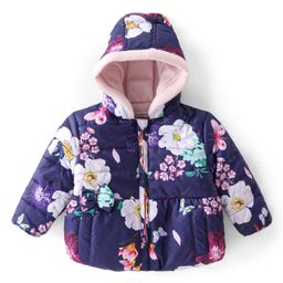 Babyhug Woven Full Sleeves Hooded Jacket With Floral Print - Purple-image-7