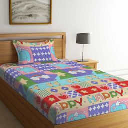 FABINALIV Cartoon Print 300 TC Cotton Blend Single Bedsheet with Pillow Cover - Multicolor-image-72