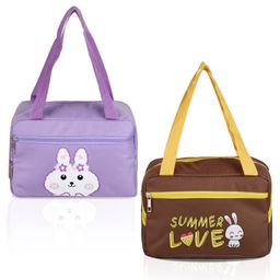 Kuber Industries Pack of 2 Lunch Bag  Rexine Thermal Insulated Lunch Bag  Lunch Bag for Office  Lunch Bag for Camping with Front Pocket  Waterproof Tiffin Cover with Handle  Brown & Purple-14