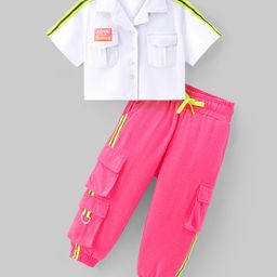 Ollington St. Cotton Pique Half Sleeves Shirt with Pockets & Cargo Joggers Text Print -White & Pink-16