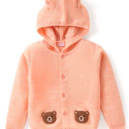 Babyhug Knitted Full Sleeves Front Open Hooded Sweater with Bear Embroidery - Light Peach-image-67