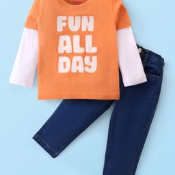 Babyhug Single Jersey Knit Full Doctor Sleeves T-Shirt & Denim Pant Set with Text Print - Orange-picture-20