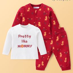 Babyoye 100% Eco Conscious Cotton Knit Full Sleeves Winter Wear Co-Ord Set With Top & Ducklings Print - Red-image-40