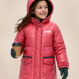 Pine Kids Woven Full Sleeves Padded Hooded Jacket with Quilted Design & Text Patch Detailing - Red-image-66