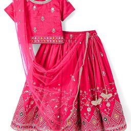 Babyhug Woven Short Sleeves Sequin Embroidered Choli With Lehenga & Dupatta Set Tassle Detailing - Dark Pink-picture-11