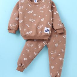 Teddy Fleece Knit Full Sleeves Winter Wear Co-Ord Set With Skateboards Print - Light Brown-picture-17
