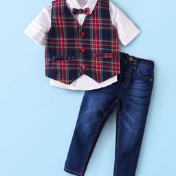 Babyhug Woven Full Sleeves Solid Color Shirt & Jeans with Bow & Checkered Waistcoat - Red & Blue-image-18