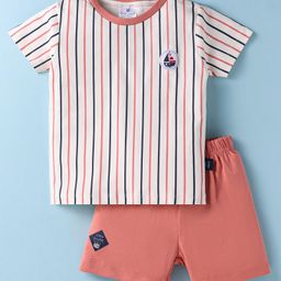 First Smile Sinker Knit Half Sleeves Striped T-Shirt & Shorts Set with Nautical Badge Print - White & Dark Peach-picture-16
