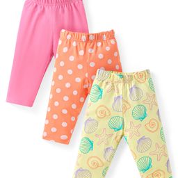 Babyhug Cotton Lycra Knit Three Fourth Length Leggings With Polka Dots & Star Fish Print Pack of 3 - Pink Yellow & Orange-image-97