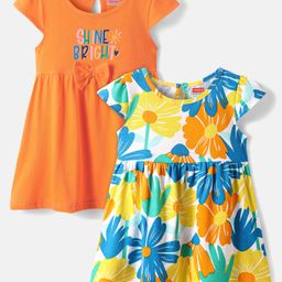 Babyhug Single Jersey Knit Cap Sleeves Text & Floral Printed Frocks with Bow Applique Pack of 2 - White & Orange-image-48