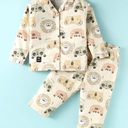 Enfance Core Cotton Woven Full Sleeves Animals Printed Coordinating Night Suit Set - Lemon Yellow-image-79