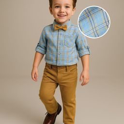 Babyhug Cotton Woven Full Sleeves Shirt & Trouser Set with Bow & Checks - Light Blue & Khaki-image-88