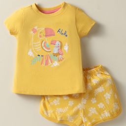 Zero Sinker Knit Half Sleeves Shorts Night Suit With Bird & Floral Print - Yellow-image-32