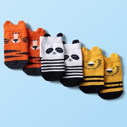 Cute Walk By Babyhug Cotton Knit Ankle Length Anti Bacterial Anti Skid Socks With Animal Print Pack Of 3 - Multi Colour-picture-25