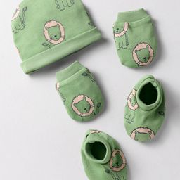 Kookie Kids Interlock Knit Cap Mittens & Booties With Lion Print Olive Green - Diameter 10.5 cm-image-6