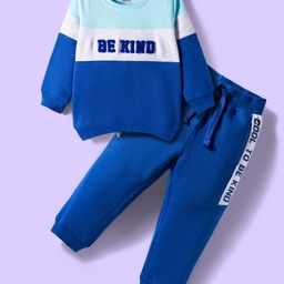Babyhug Terry Knit Full Sleeves Text Printed T-Shirt & Lounge Pant Set With Cut & Sew Design - Blue-picture-28