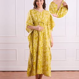 Bella Mama Cotton Woven Half Sleeves Maternity Nursing Kaftan Style Nighty with Floral Print - Lemon Yellow-picture-23