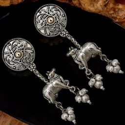 LUCKY JEWELLERY Silver-Plated Oxidised Peals Beaded Contemporary Shaped Drop Earrings-51