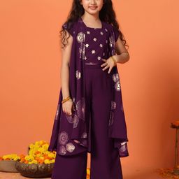 Sangria Girls Foil Printed Crop Top & Palazzo With Shrug-image-15