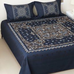 Story@home Navy Blue & Brown Ethnic Motifs 300 TC King Bedsheet with 2 Pillow Covers-30