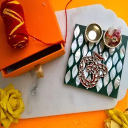 HOMEARTE Green Square Shape OM Pooja Platter With Roli Chawal Pot-image-40