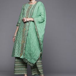 Biba Women Green Ethnic Motifs Printed Pure Cotton Kurta with Palazzos & With Dupatta-13