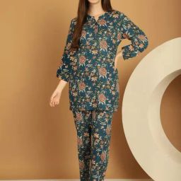 Kanvin Green Cotton Printed Tunic Pyjamas Set-image-88