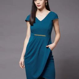 Miss Chase Turquoise Polyester Solid Knee Dress-image-75