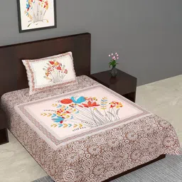 Salgia Brown Floral 144 TC Single Bedsheet With 1 Pillow Covers-image-92
