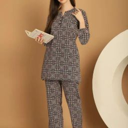 Kanvin Black Cotton Printed Tunic Pyjamas Set-image-54