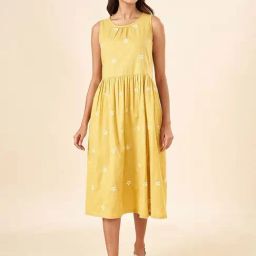 Akkriti by Pantaloons Yellow Cotton Embroidered A-Line Dress-image-84