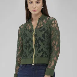 IZEL Women Self Design Sheer Crop Bomber Jacket-image-33