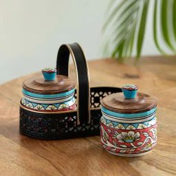 ExclusiveLane Multicolor Ceramic Mughal Round Air-Tight Container Set with Iron Holder-image-39