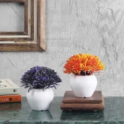 Foliyaj Purple & Orange Plastic Artificial Mini Bush With Leaves - Set of 2-79