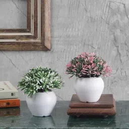 Foliyaj Green & Pink Plastic Artificial Mini Bush With Leaves - Set of 2-10