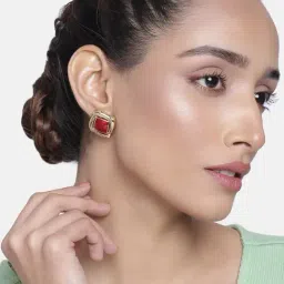 Estele Gold-Plated Mosaic Designed Earrings with Red Enamel for Women-image-43